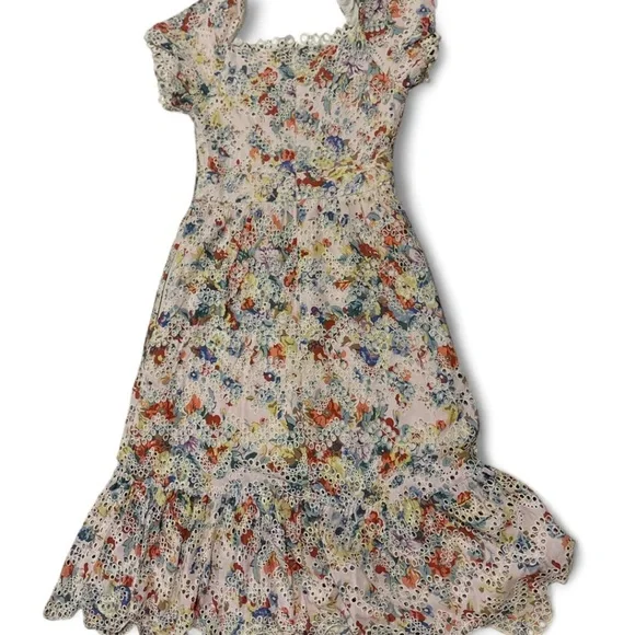 Elliatt Boho Floral Eyelet Scallop Lace Midi Dress M Pockets Zip Back Romantic - Picture 4 of 7